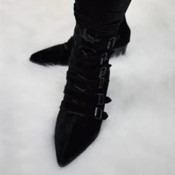 Strangecvlt Black Velvet Coven Pointed Toe Boot -STRANGE CVLT CLEARANCE (Final Sale)