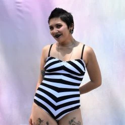 Unique Vintage Barbie Black & White Chevron Bathing Suit SWIMSUITS