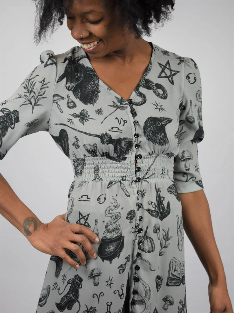 PREORDER Witchy Musings Button Dress (Gray)- BRETT MANNING ART DRESSES 5 PREORDER Witchy Musings Button Dress (Gray)- BRETT MANNING ART DRESSES
