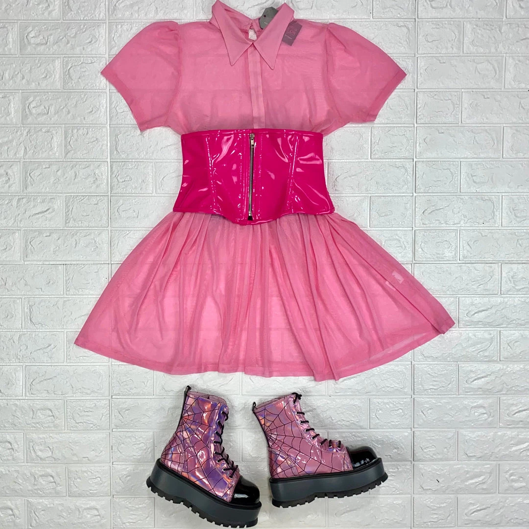 NEWEST ITEMS Courtney Mesh Babydoll Dress (Pink) MY VIOLET 7 NEWEST ITEMS Courtney Mesh Babydoll Dress (Pink) MY VIOLET