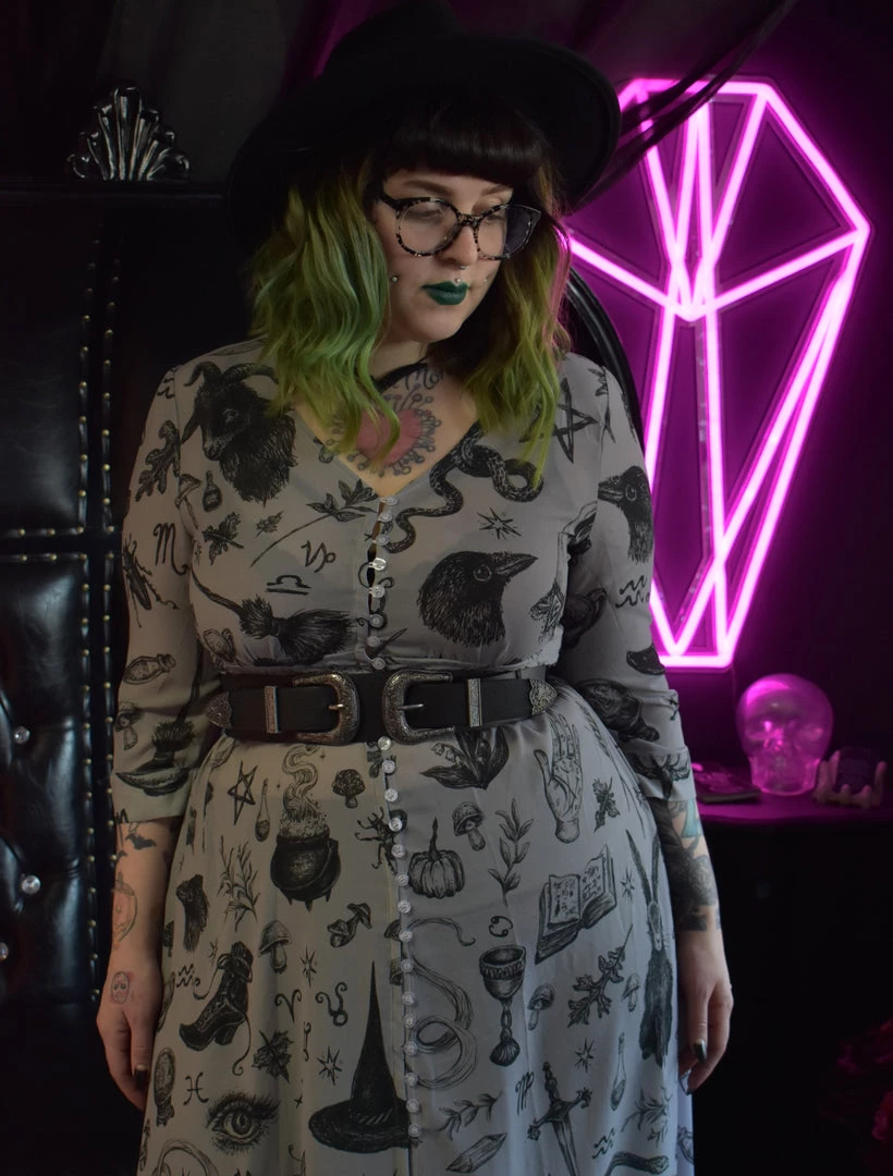 PREORDER Witchy Musings Button Dress (Gray)- BRETT MANNING ART DRESSES 9 PREORDER Witchy Musings Button Dress (Gray)- BRETT MANNING ART DRESSES