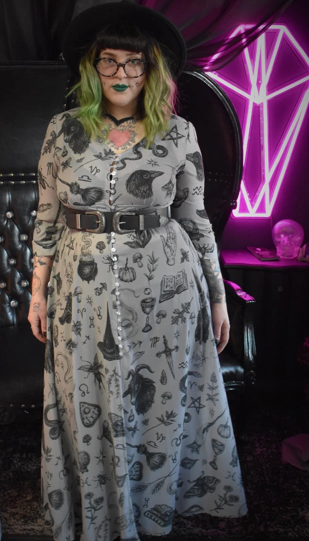 PREORDER Witchy Musings Button Dress (Gray)- BRETT MANNING ART DRESSES 7 PREORDER Witchy Musings Button Dress (Gray)- BRETT MANNING ART DRESSES